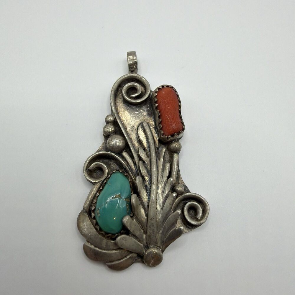 925 Sterling Silver Turquoise Red Coral Ornate Pendant 9.2g Southwestern